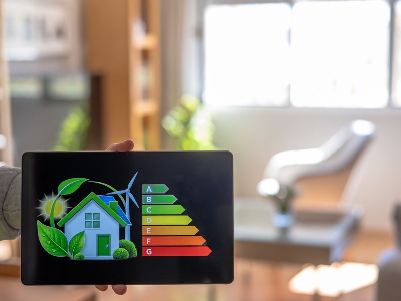 La letra del certificado energético marca cuánto dura Mano que sostiene una tableta con la escala de eficiencia energética, de la A verde a la G roja, en un salón luminoso