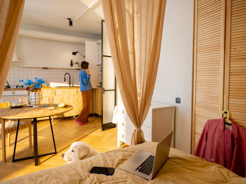 Un perro blanco asoma la cabeza junto a la cama de un estudio mientras su dueña habla por teléfono en la cocina
