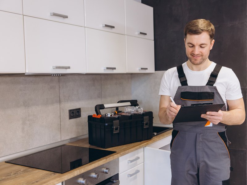 Técnico con mono de trabajo tomando notas en un portapapeles junto a su caja de herramientas en una cocina