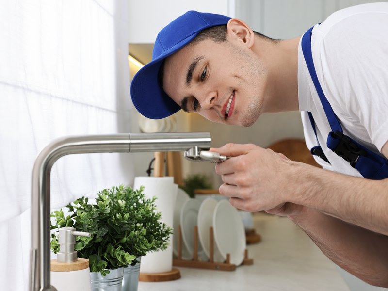 Técnico con gorra y peto azules que repara con una herramienta el grifo de una cocina
